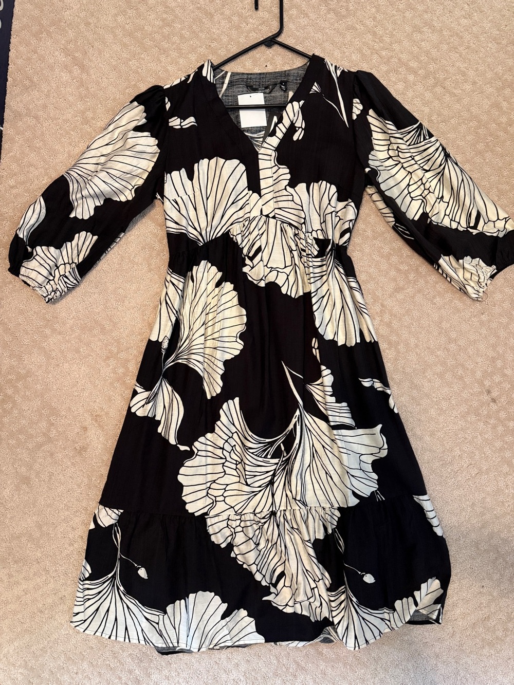 Mlle Gabrielle Black Midi Dress with Cream Botanical Motif